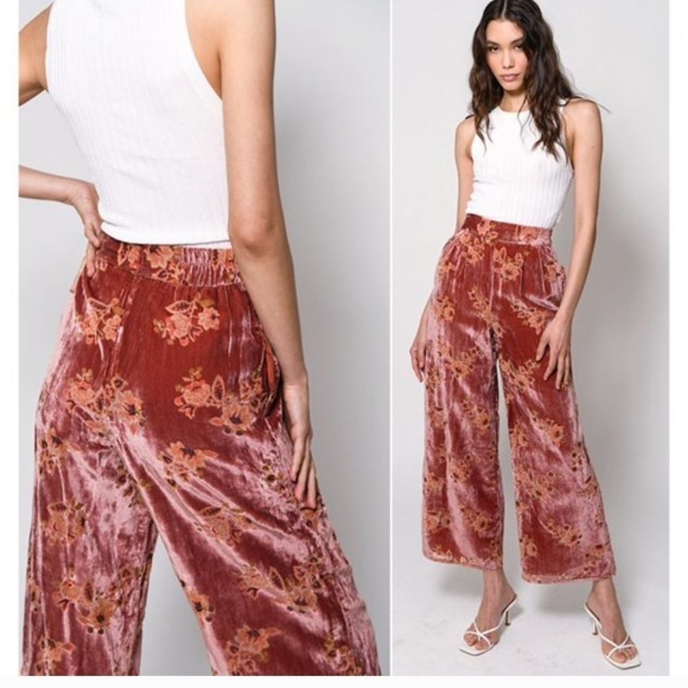 Hutch Red Floral Velvet Wide-Leg Pants
